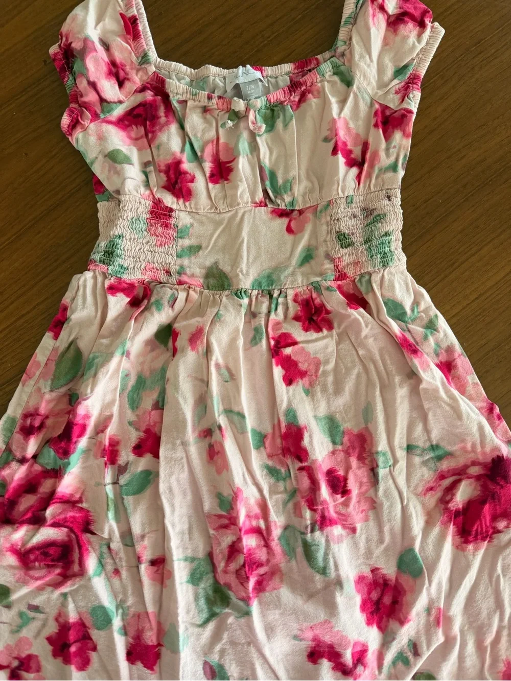 7-8 Kids White Smocked Dress with Pink Floral Print - Picture 2 of 3